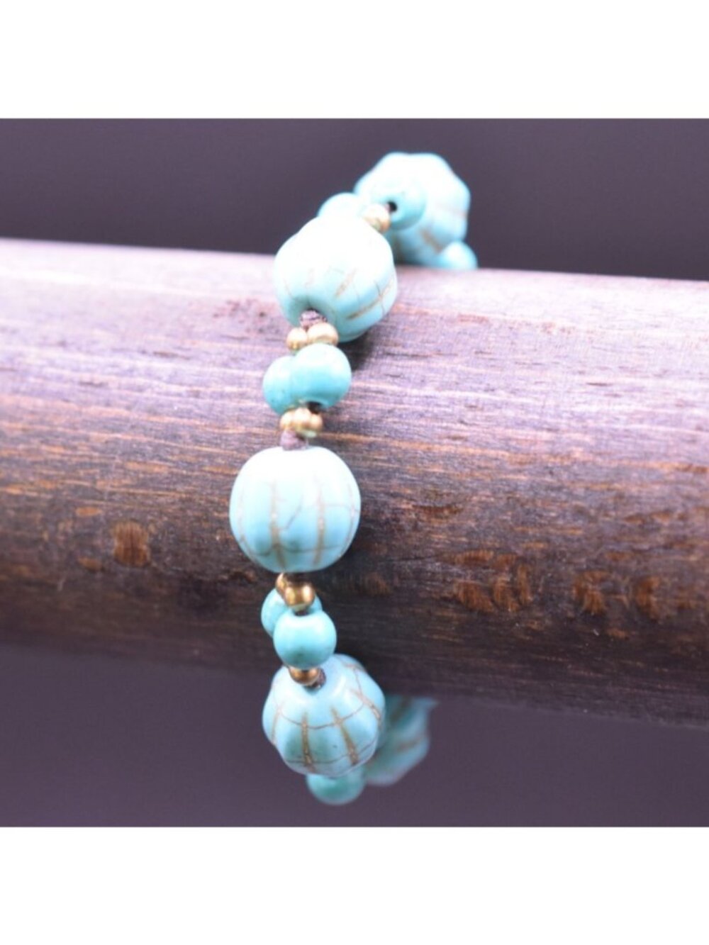 Turquoise Beaded Bracelet With Gold Accents & Braided Loop Clasp Boho Style 7 In
